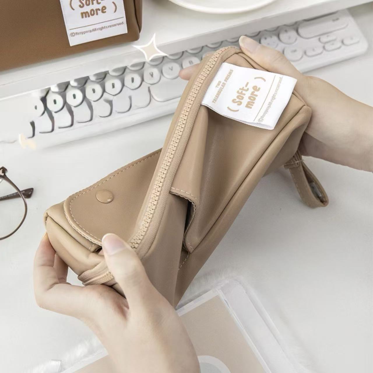 Rosyposy Prism Series PU Leather Large Capacity Pencil Case – Latte
