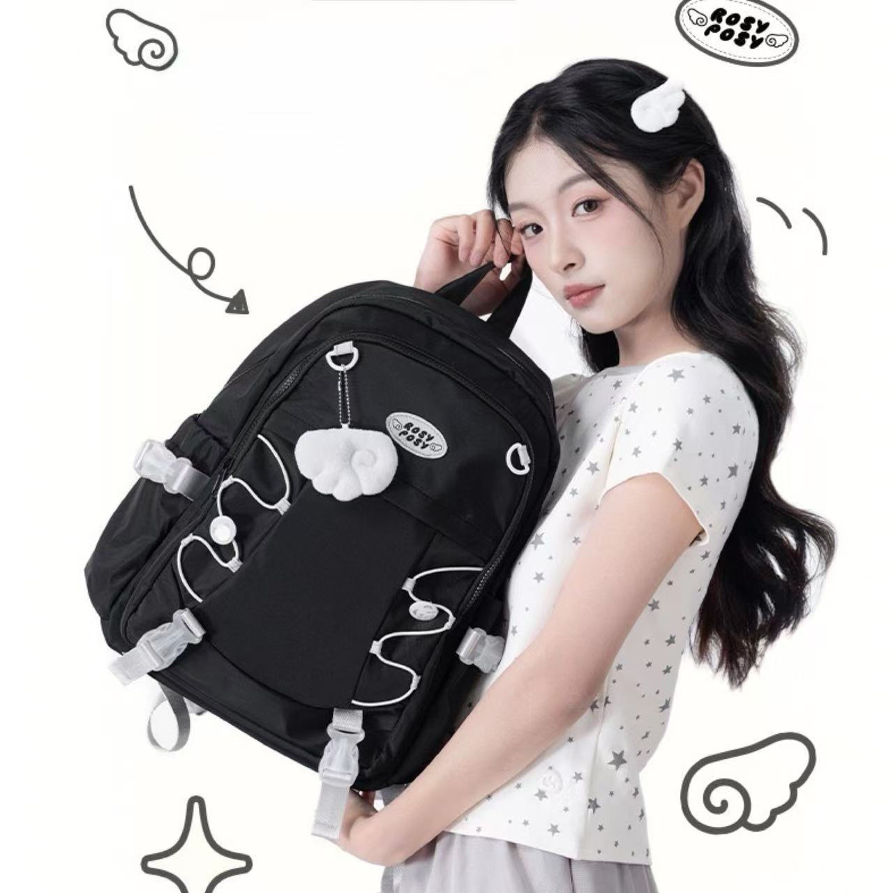 RosyPosy WingWing Series Backpack with Keychain – Black