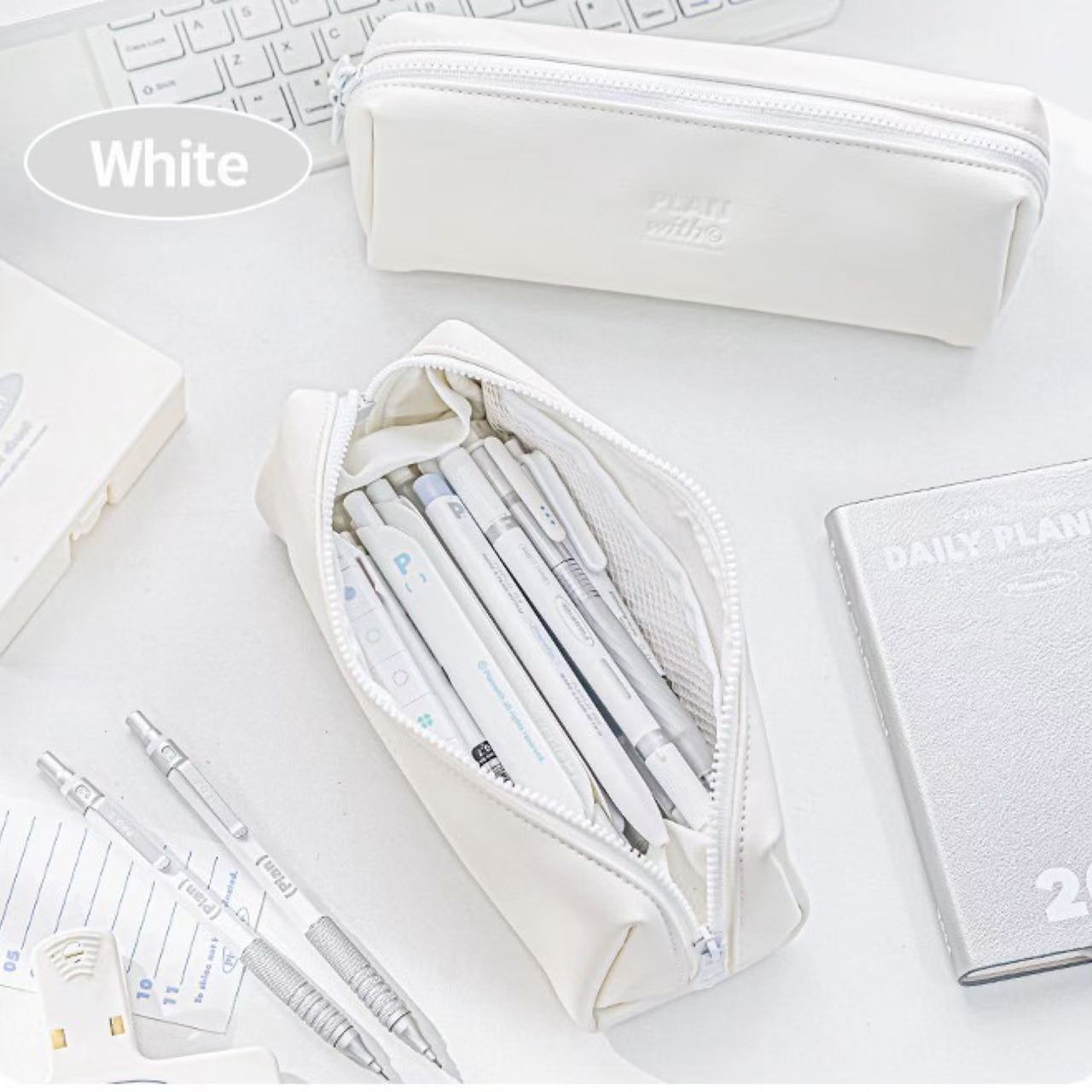 Planwith Soft Leather Wide-Open Pencil Case – White