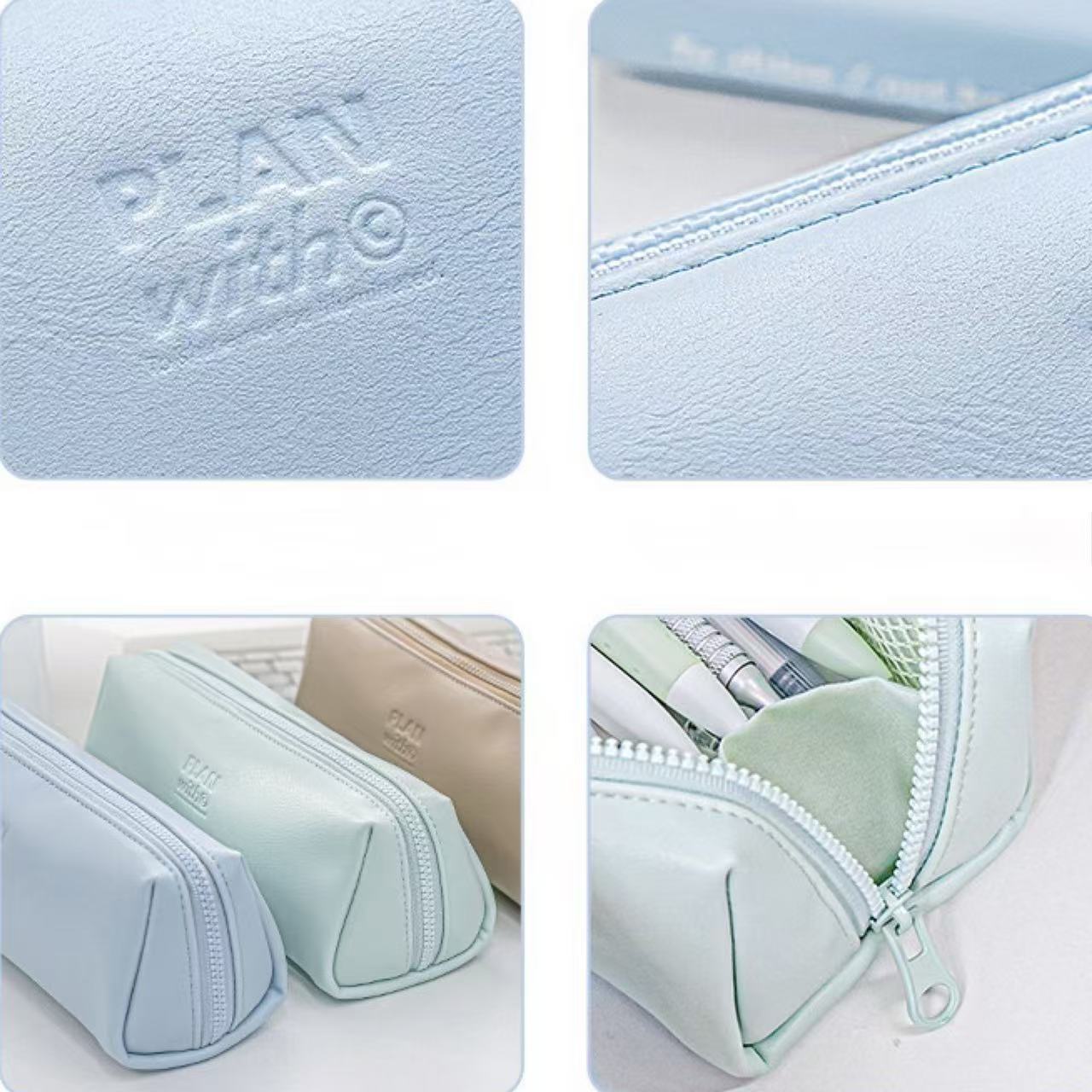 Planwith Soft Leather Wide-Open Pencil Case – Blue