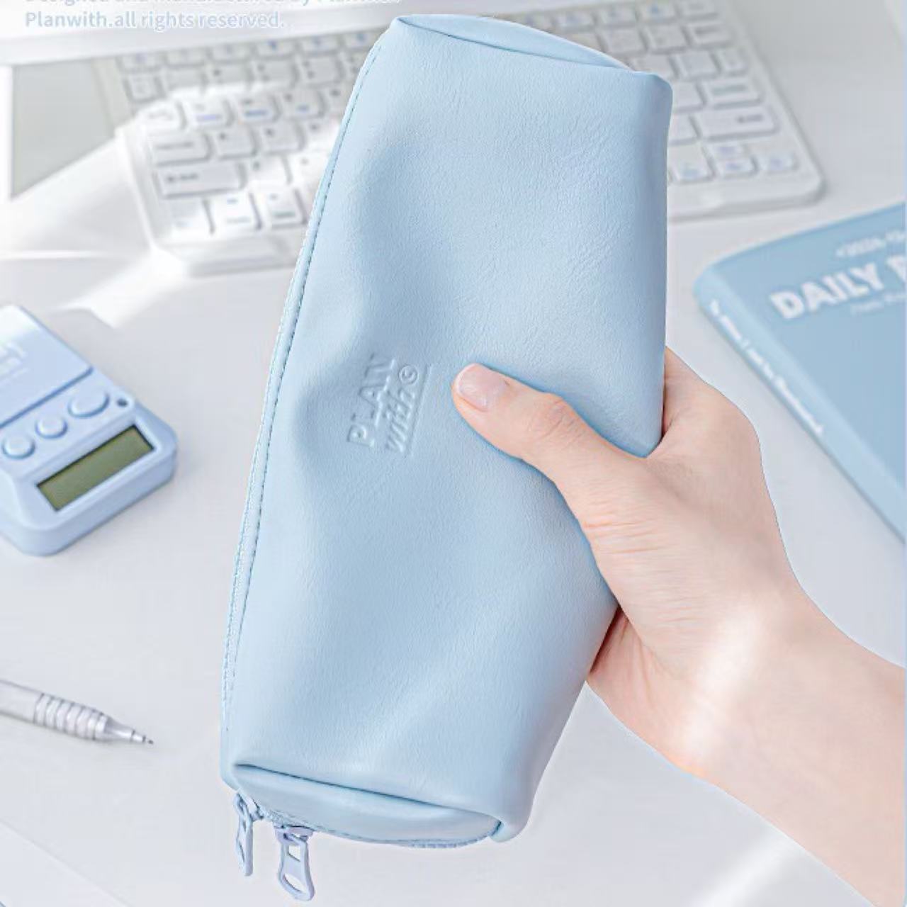 Planwith Soft Leather Wide-Open Pencil Case – Blue