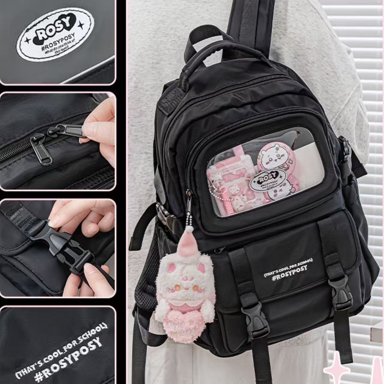Rosyposy Display Window Series Backpack with Mini Bag Keychain – Black