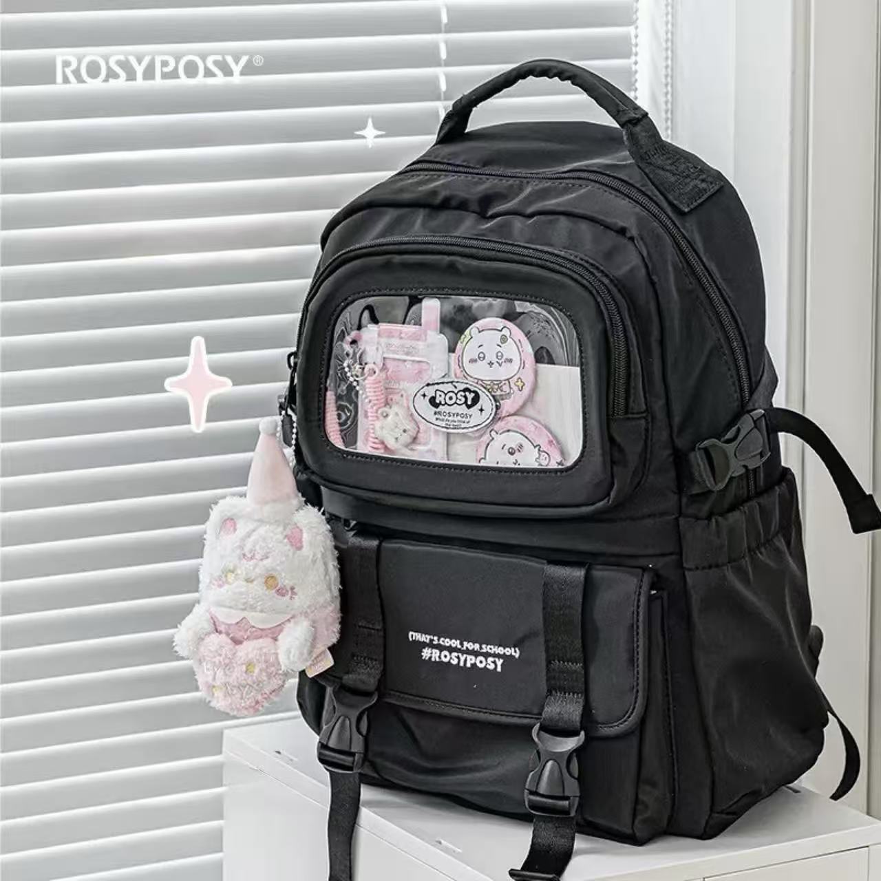 Rosyposy Display Window Series Backpack with Mini Bag Keychain – Black