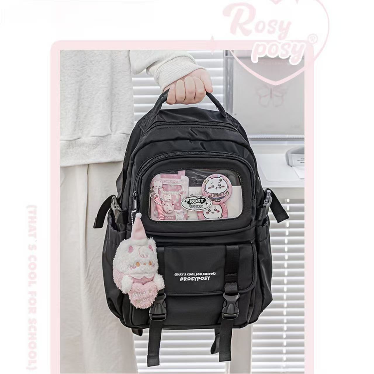 Rosyposy Display Window Series Backpack with Mini Bag Keychain – Black