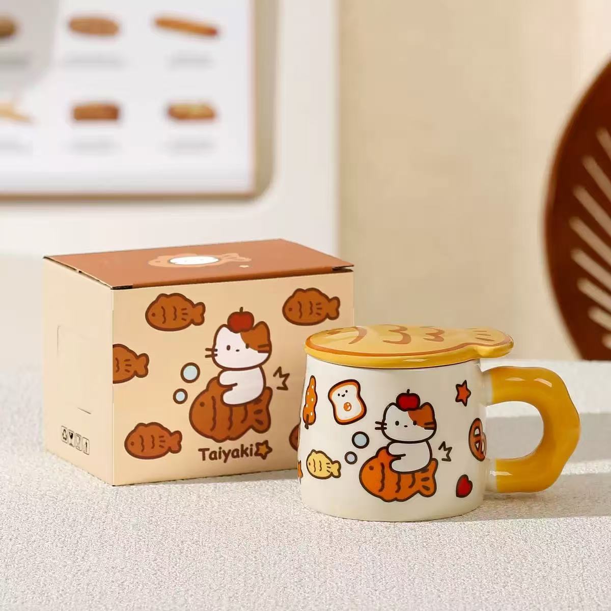 Taiyaki Cat Ceramic Mug With Lid 400ml Assorted