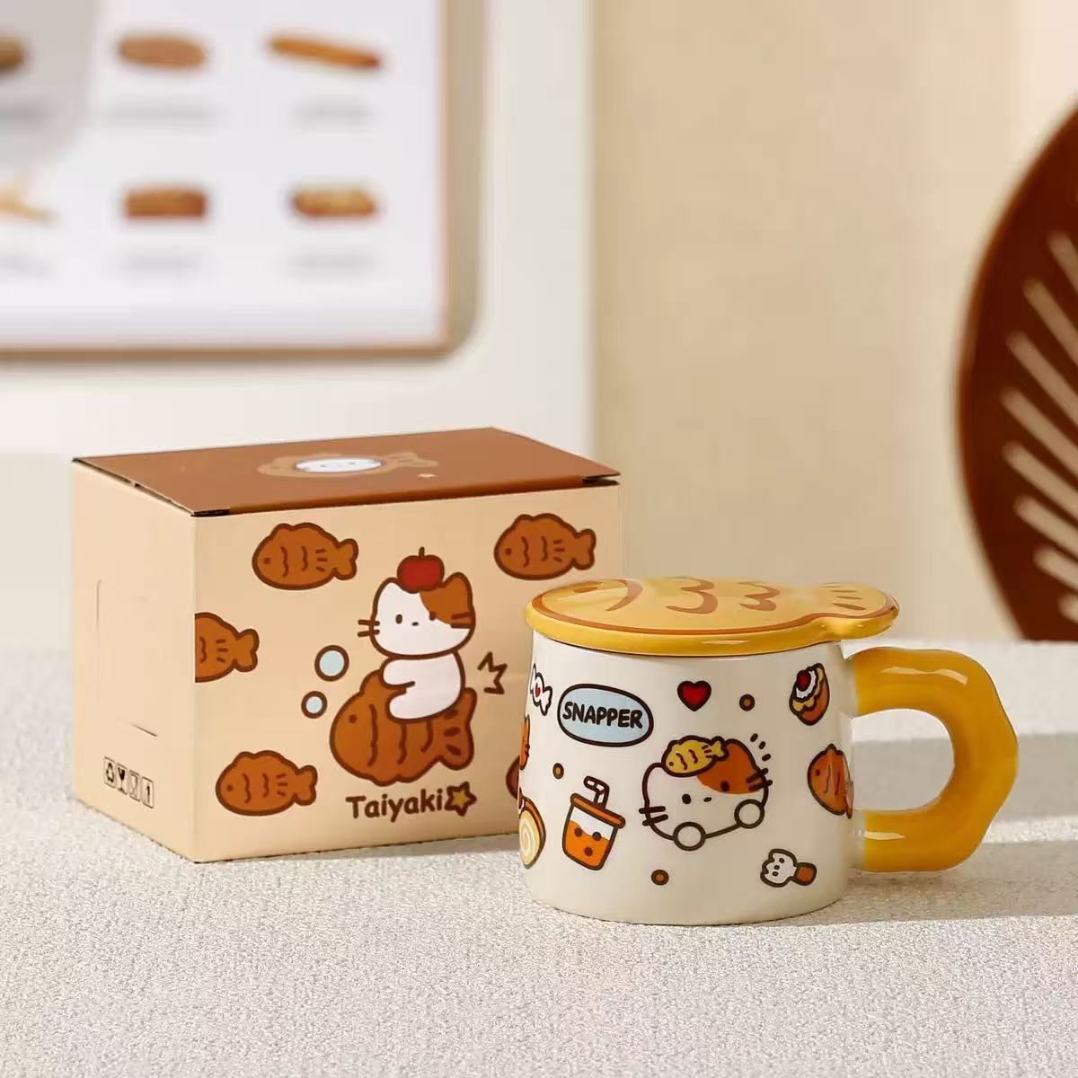 Taiyaki Cat Ceramic Mug With Lid 400ml Assorted