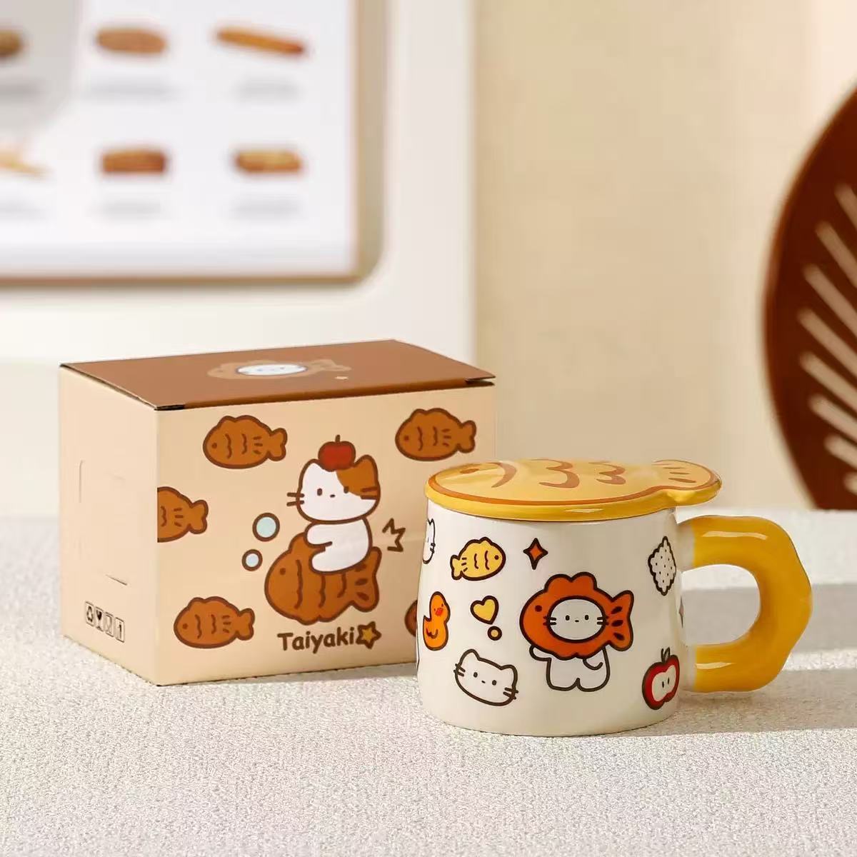 Taiyaki Cat Ceramic Mug With Lid 400ml Assorted