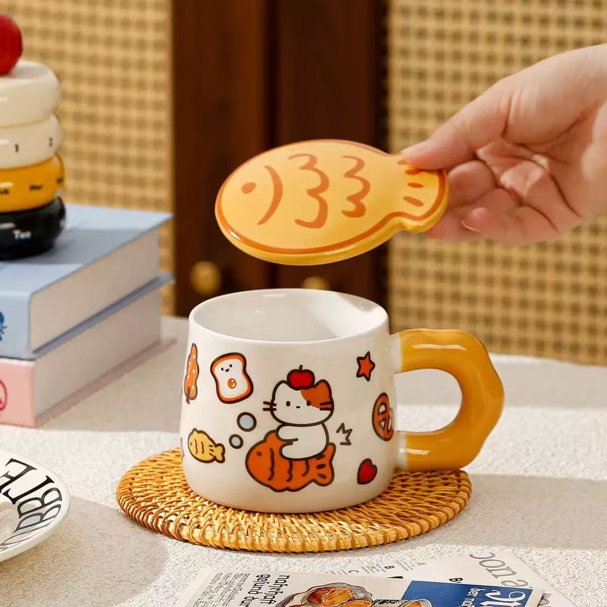 Taiyaki Cat Ceramic Mug With Lid 400ml Assorted