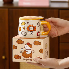 Taiyaki Cat Ceramic Mug With Lid 400ml Assorted