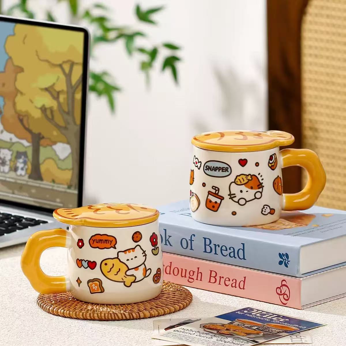 Taiyaki Cat Ceramic Mug With Lid 400ml Assorted