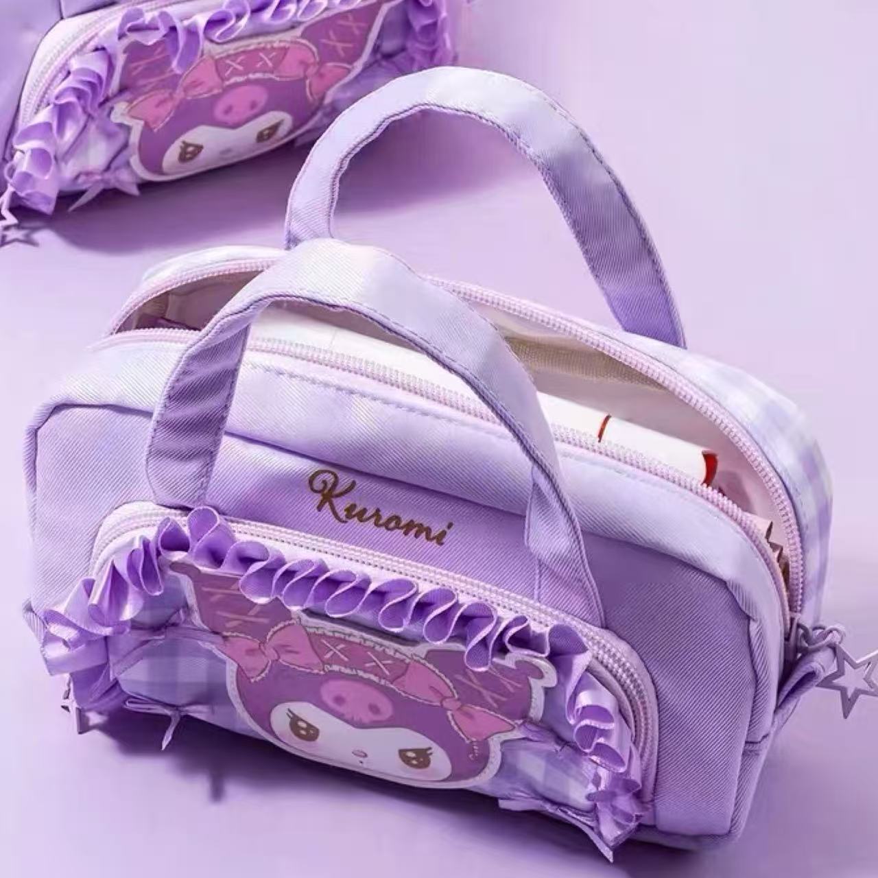 Kuromi Large Capacity Bow Handle Design Lace Trim Pencil Case