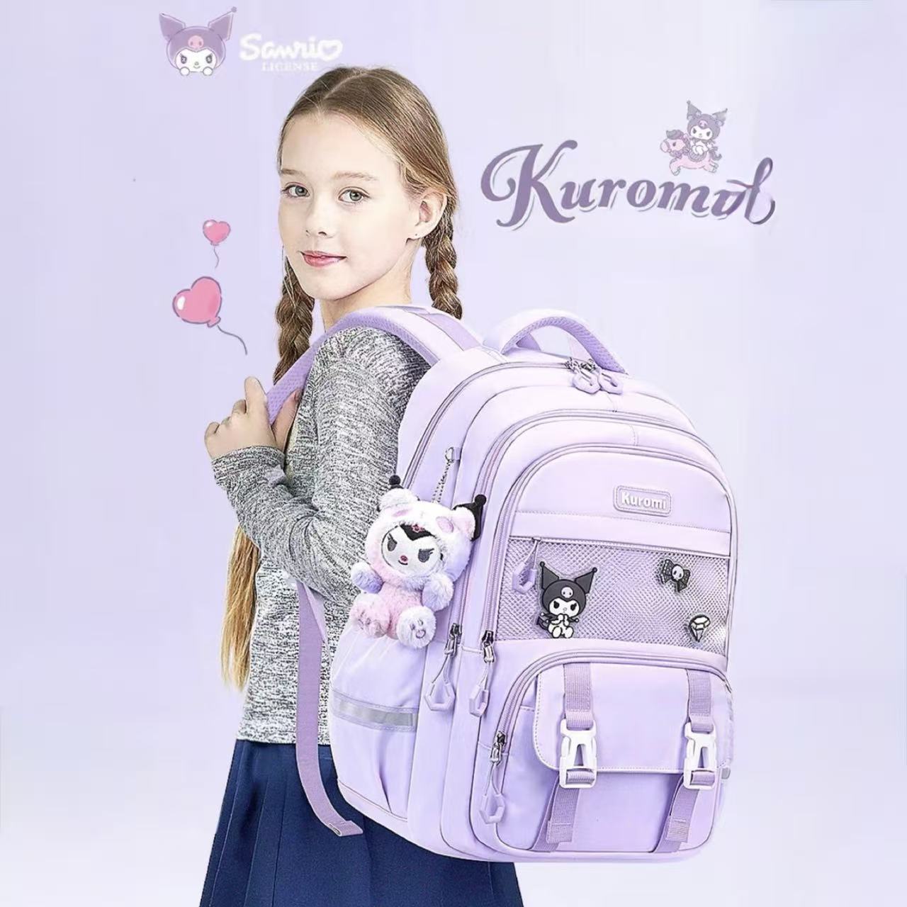 Sanrio Ergonomic School Backpack with Plush Keychain 30 × 14 × 45cm – Kuromi